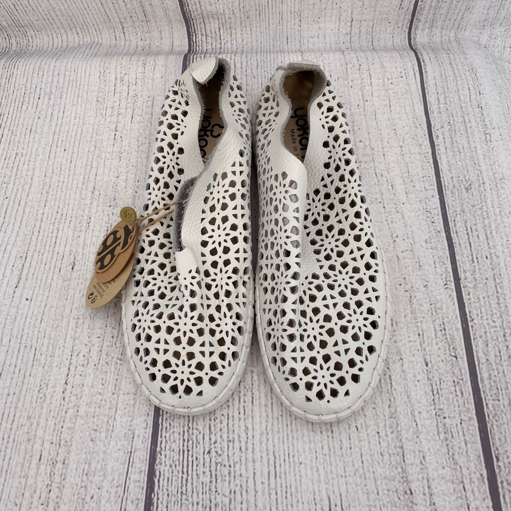 Yokono Laser Cut Floral Leather Shoes Womens 6.5 White Spanish Slip On Sneakers